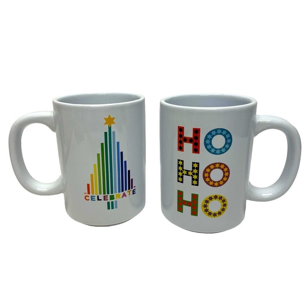 Novogratz 2 Christmas Mugs Celebrate w/ Rainbow Tree & Ho Ho Ho Ho 17.5 oz. Each